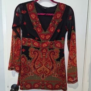 INC long mesh sleeve Red & gold paisley Blouse size Small